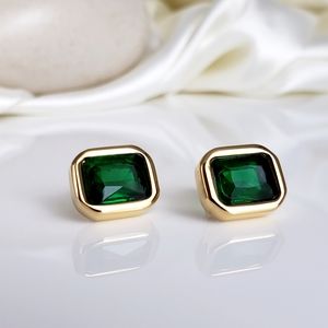 NEW 18K Gold Plated Bezel Set Hex-Rectangle Green CZ Diamond Stud Earrings